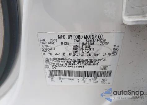 2010 Ford Edge Sel из США, поврежденный, VIN 2FMDK3JC4ABB11958
